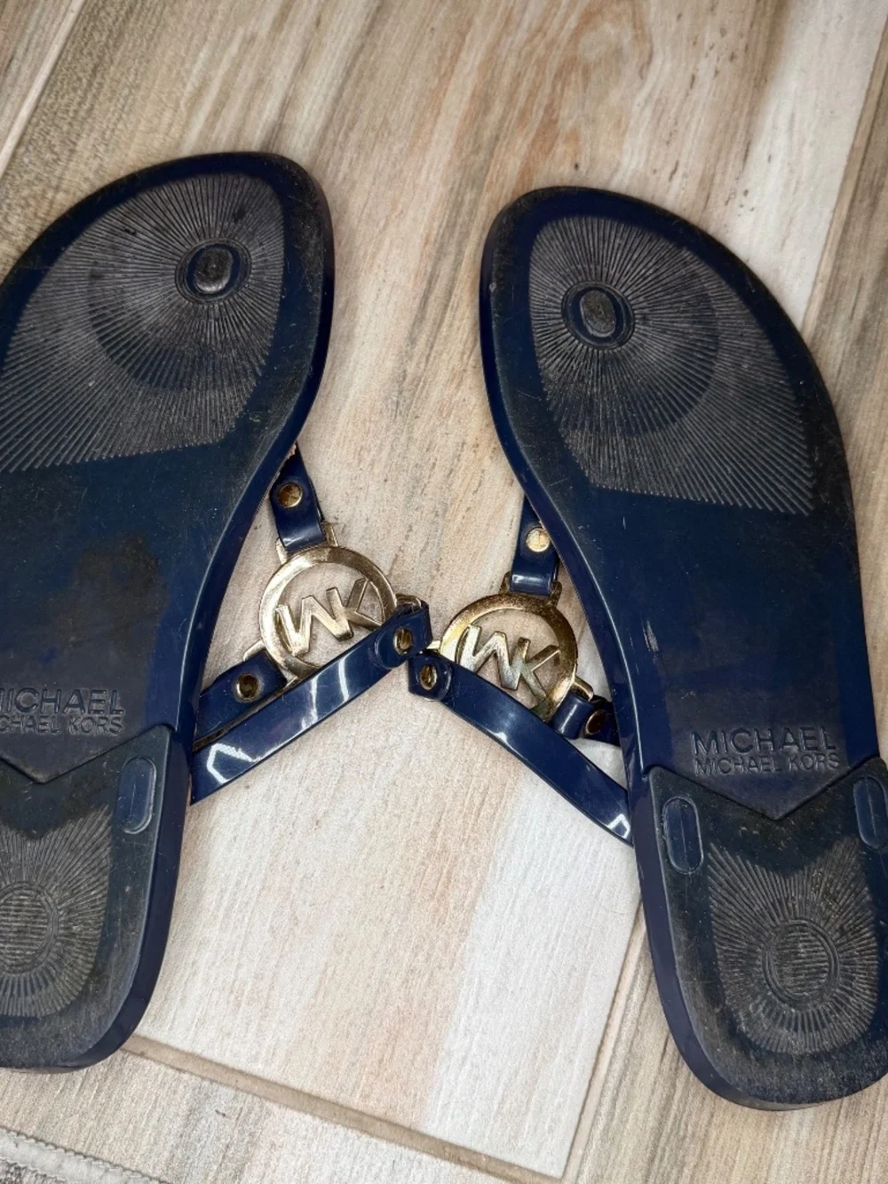 Michael Kors Navy Jelly T-Strap Cork Sole Women Sandal 8 MK Gold Logo Flip Flops